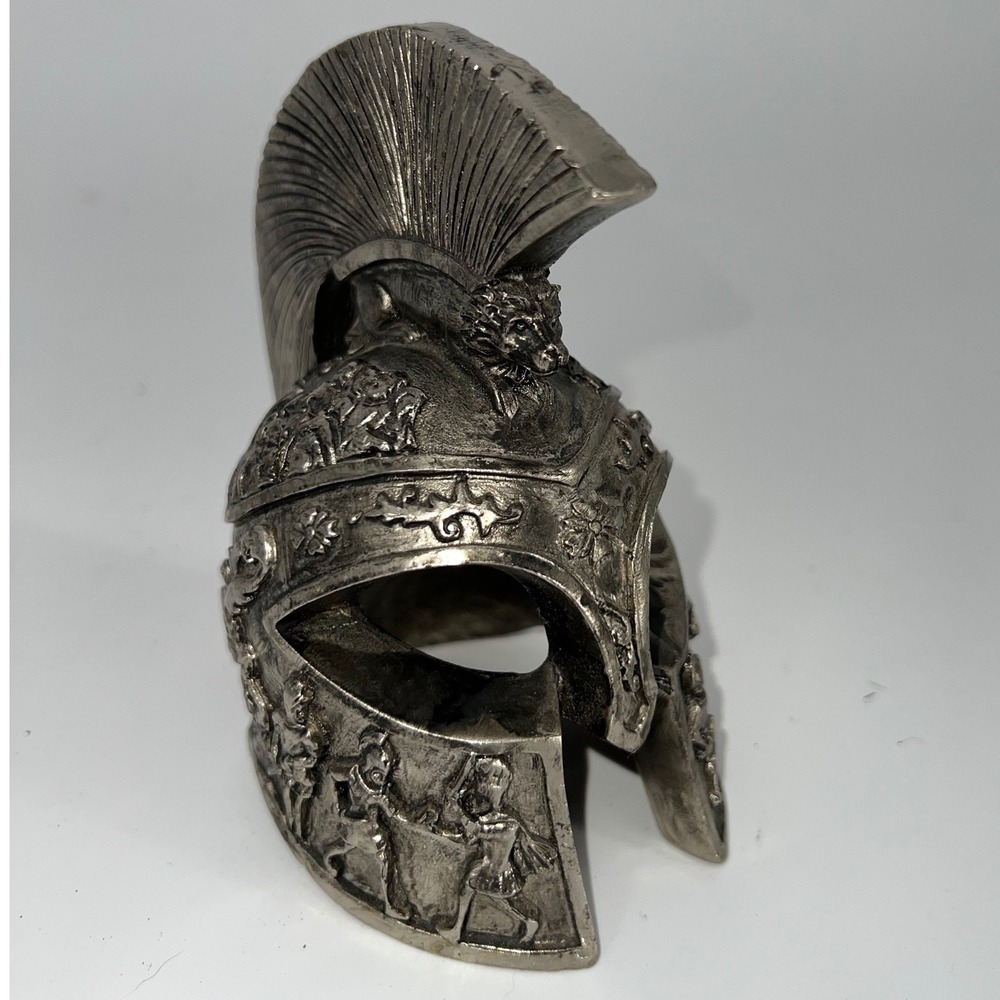 Vintage Cast Metal Spartan‎ Roman Helmet Figurine Miniature Lion Crest Silver T